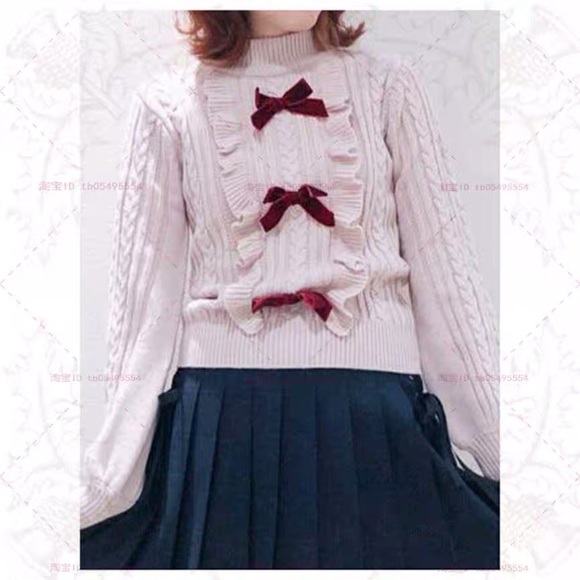 Winter Pink Knit Ruffle Sweater with Magenta Bow - Picture 3 of 8